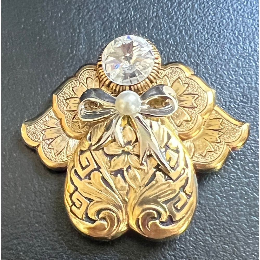 Vintage Jane Davis Angel Of Love Brooch Rhinestone Faux Pearl Gold Tone AOL Pin